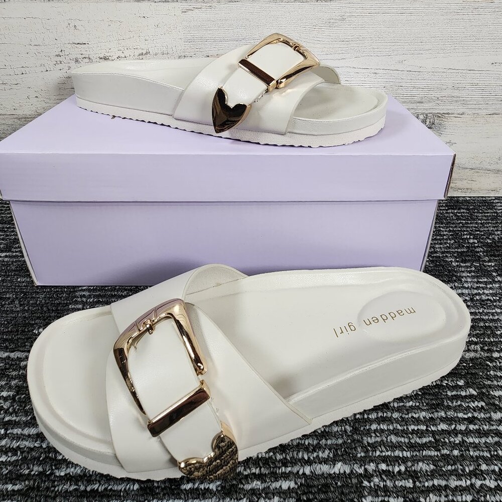 Madden Girl Brookk Slide Sandals Women Bone White‎ Gold Buckle Casual NIB